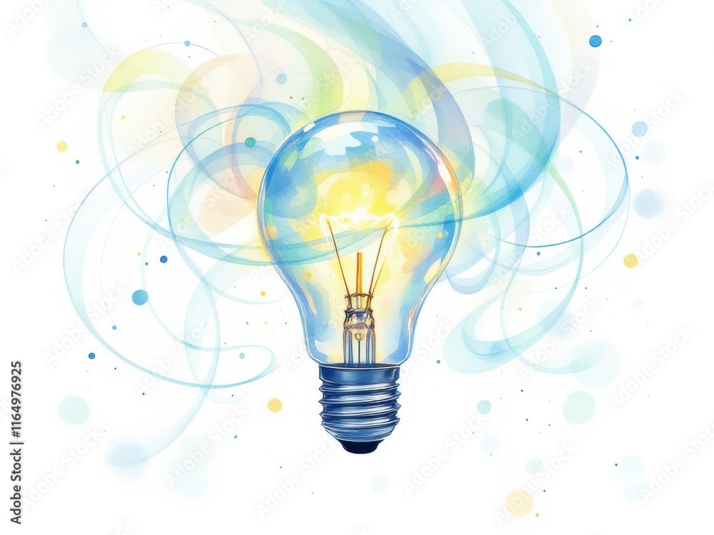 Abstract watercolor illustration with a light bulb and flowing lines, creating a creative and innovative design, ideal for ideas, technology or inspiration projects. Abstract watercolor illustration with a light bulb and flowing lines, creating a creative and innovative design, ideal for ideas, technology or inspiration projects.