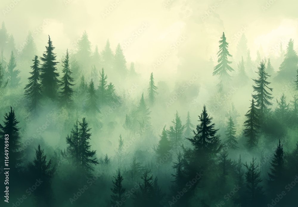 Misty green forest landscape with tall evergreen trees. Misty green forest landscape with tall evergreen trees.