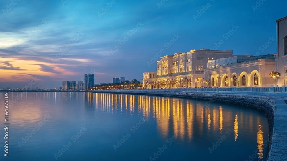 Naklejka premium Arabian Gulf skyline, a view ofskyline reflecting in calm waters during twilight
