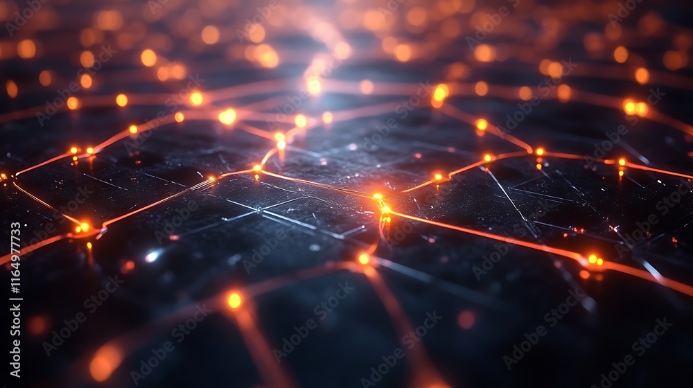 Fototapeta premium Abstract Network Orange Glowing Lines Dark Surface