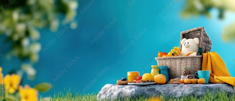 Fototapeta premium [Picnic Essentials picnic snacks outdoor] Whimsical Birdhouse Garden Oasis: Colorful Fruit & Tiny Blooms