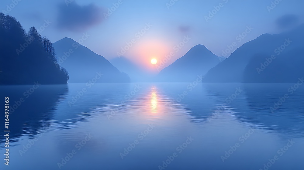Serene Sunrise Over Misty Mountain Lake Serene Sunrise Over Misty Mountain Lake