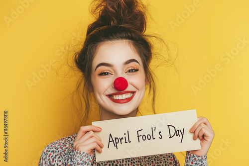 Young woman with red clown nose and messy hairstyle holding a sign celebrating april fool's day, smiling on a yellow background