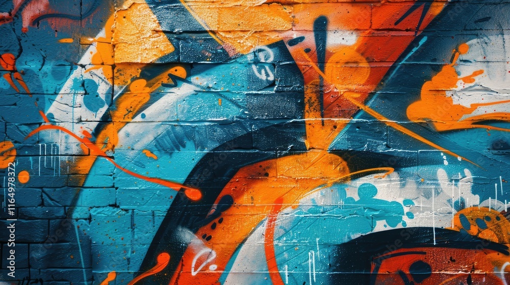 Fototapeta premium A vibrant graffiti mural featuring bold colors and abstract shapes on a brick wall.