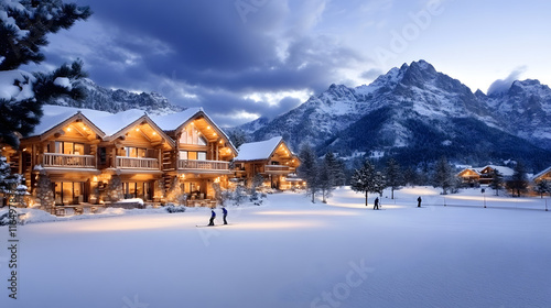 Wallpaper Mural Winter landscape featuring cozy cabins, snow-covered ground, and majestic mountains under a dusky sky Torontodigital.ca