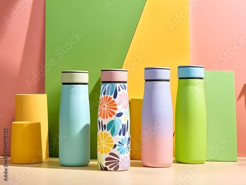 colorful reusable bottle water mockup with cute background