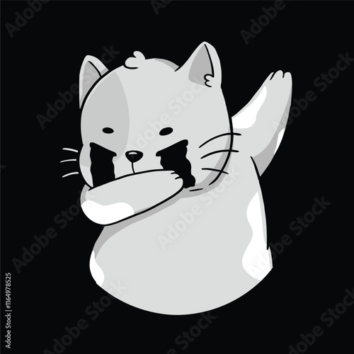 A cartoon cat is crying and shaking its head. The cat is in a black background. Scene is sad and melancholic