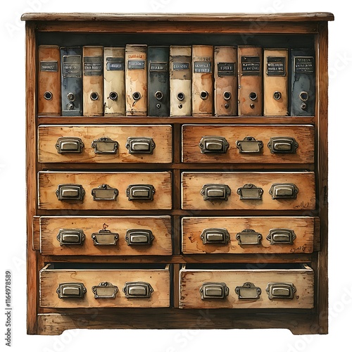 Vintage Wooden Cabinet with Drawers and Old Books, Perfect for Rustic or Antique Designs.