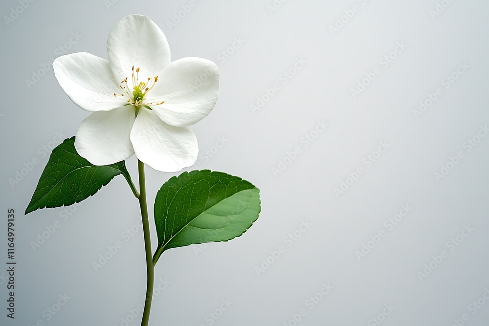 Single white flower blossom with green leaves on a light gray background. Single white flower blossom with green leaves on a light gray background.