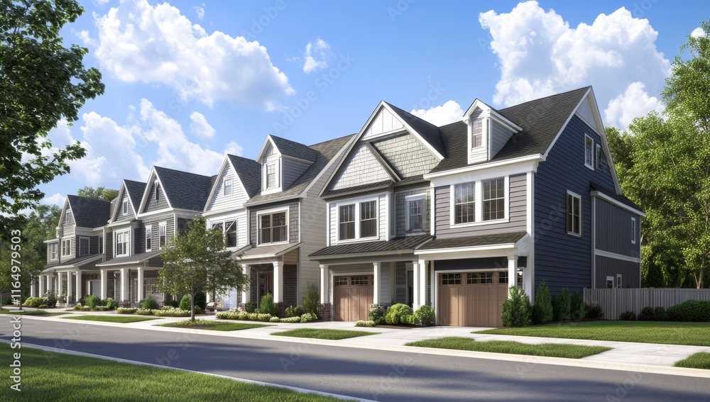Row of new, modern houses on a tree-lined street on a sunny day. Row of new, modern houses on a tree-lined street on a sunny day.