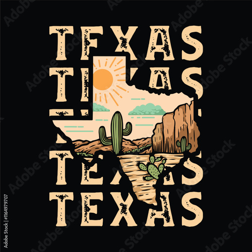 
A Texas themed t-shirt with a desert landscape and a cactus. The t-shirt is black and white
