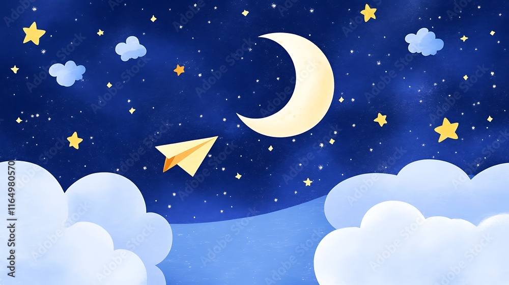 Naklejka premium Dreamy Night Sky with a Paper Airplane Flying Towards the Moon and Stars Surrounded by Clouds