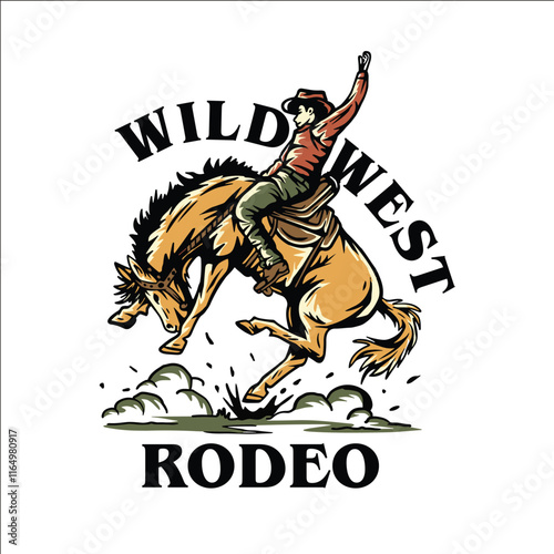 
A man is riding a horse in a Wild West rodeo. The logo is white and features a man on a horse
