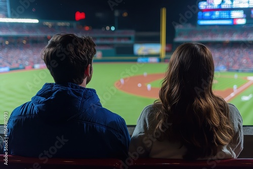 Couple watching baseball game at night from stadium seats. Perfect for articles about dates, sports, or relationships.
