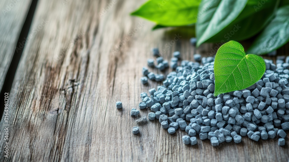 Fototapeta premium Eco-friendly biodegradable pellets on wooden surface with green leaves, showcasing sustainable materials for environmentally conscious manufacturing solutions.