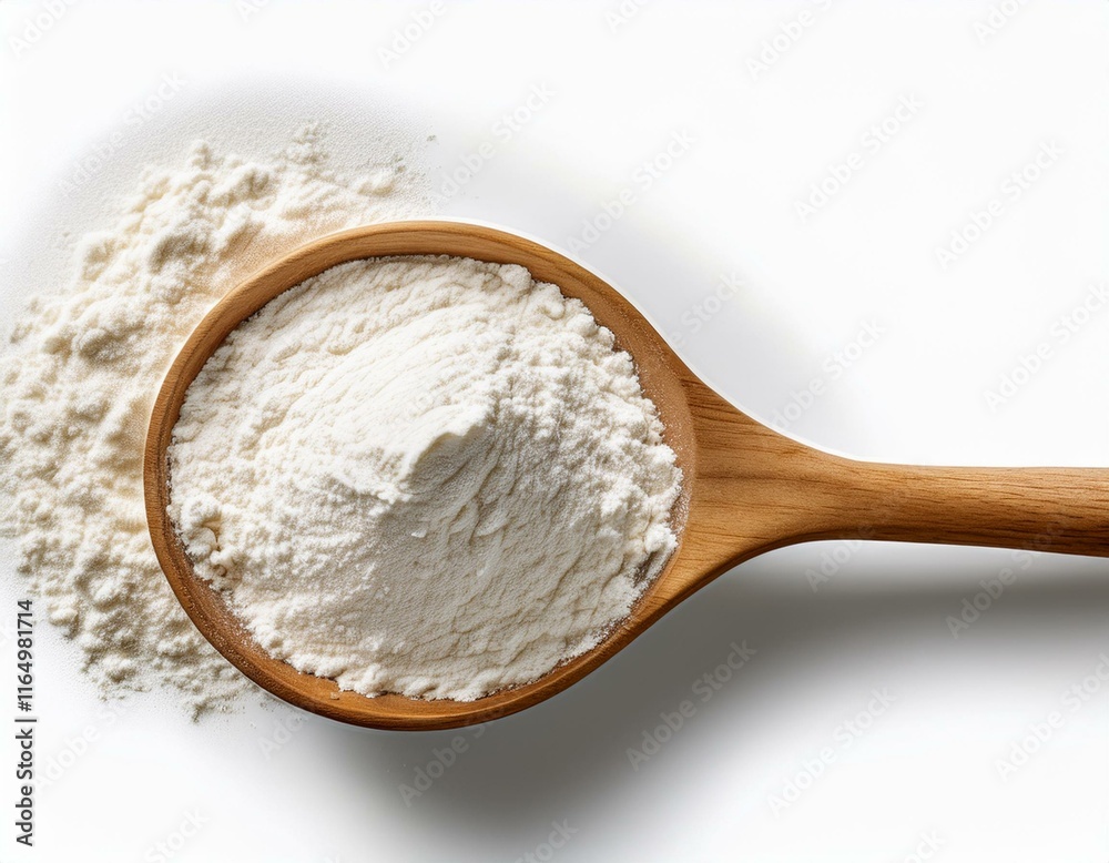 Wooden Spoon with Flour Isolated. A wooden spoon filled with flour, centered on a clean white background. Wooden Spoon with Flour Isolated. A wooden spoon filled with flour, centered on a clean white background.