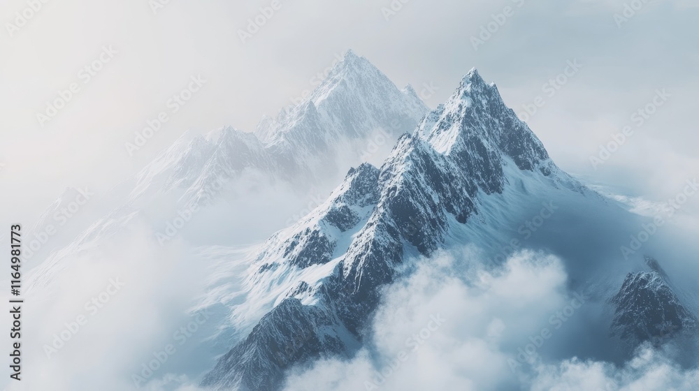 Naklejka premium Majestic snow-capped mountains shrouded in mist and clouds, evoking tranquility and awe.