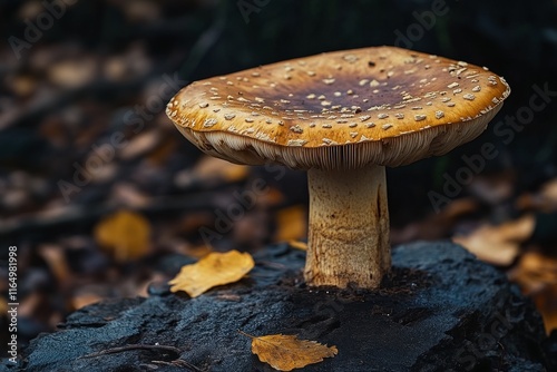 Close-up of a large, mature mushroom with a tan cap and white spots growing on a dark, mossy surface amidst fallen autumn leaves. photo