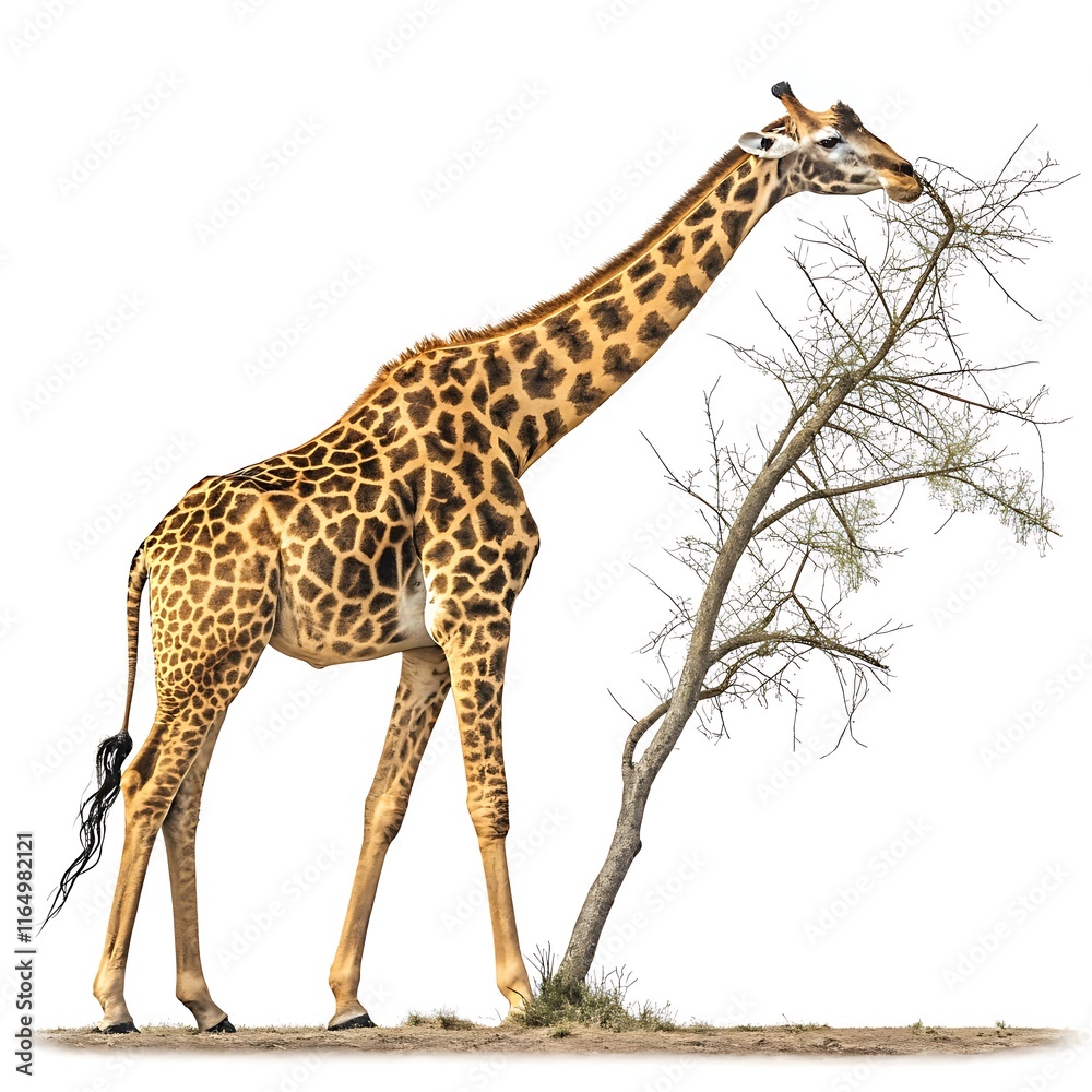 Fototapeta premium A tall giraffe with a spotted yellow and brown coat, bending its long neck to nibble on an invisible branch against a transparent background.