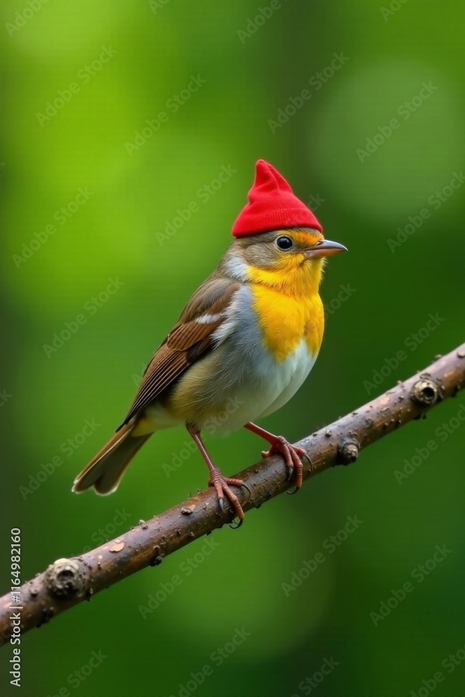 Tiny bird with bright red hat dancing on a bare branch in front of greenery, branch dance, funny bird Tiny bird with bright red hat dancing on a bare branch in front of greenery, branch dance, funny bird