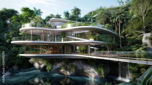 An ultra-modern villa with a floating design, connected by glass bridges and surrounded by lush greenery, highlighting advanced eco-friendly features. 32k, full ultra hd, high resolution -