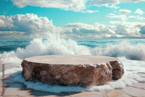 Stone platform by ocean waves, scenic view. Perfect for product display, showcasing seaside themes. photo