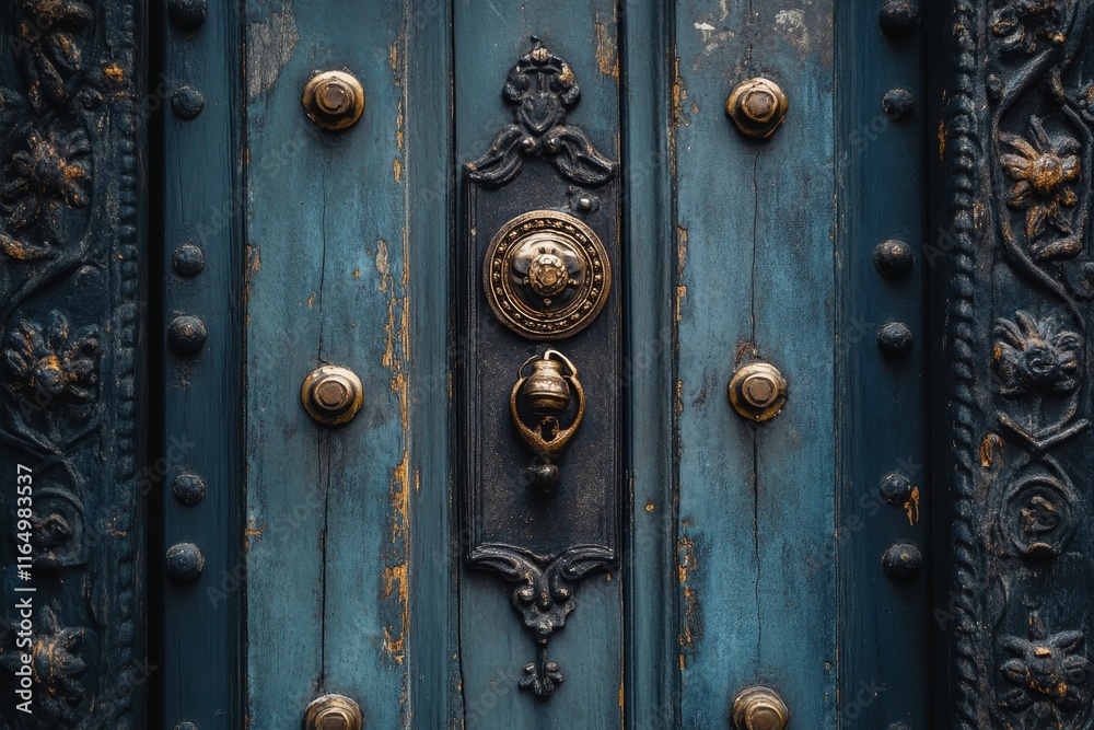 Close-up of antique teal wooden door with ornate brass hardware, showing age and wear. Close-up of antique teal wooden door with ornate brass hardware, showing age and wear.