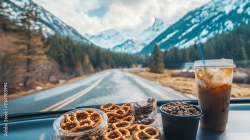 A scenic road trip moment with snacks laid out on a car dashboard, including pretzels, trail mix, and iced coffee, photo