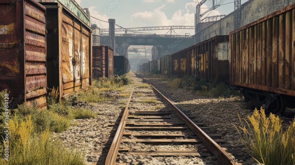 Fototapeta premium A rail yard filled with rusted freight cars, tracks crisscrossing, and overgrown weeds breaking through the gravel