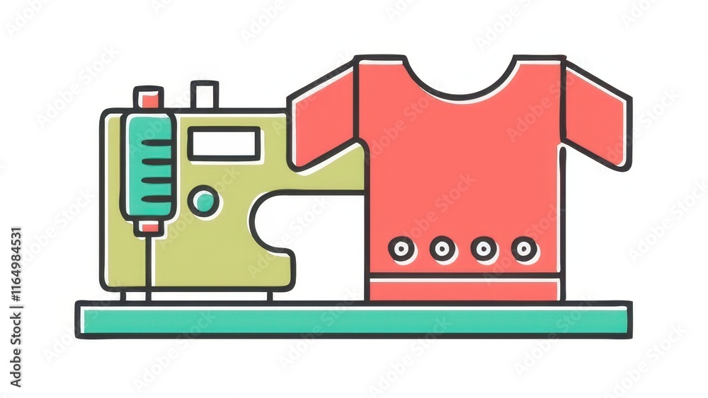 A colorful illustration of a sewing machine next to a red shirt, symbolizing sewing, crafting, and fashion design. A colorful illustration of a sewing machine next to a red shirt, symbolizing sewing, crafting, and fashion design.