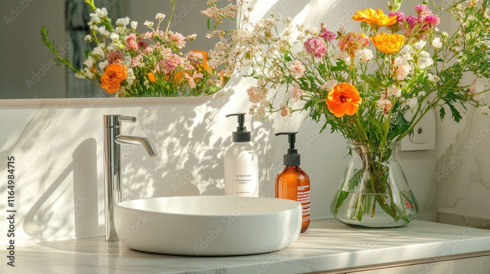 Elegant bathroom setting with flowers, soap, and stylish basin Elegant bathroom setting with flowers, soap, and stylish basin