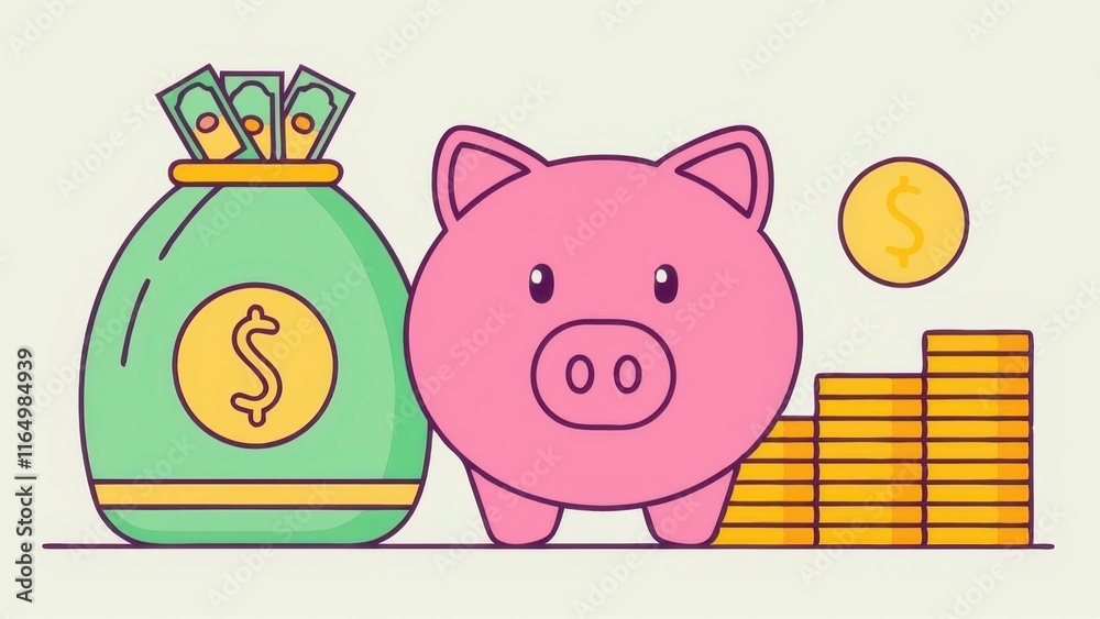 Fototapeta premium A colorful illustration featuring a piggy bank, a bag of money, and stacks of coins, symbolizing savings and financial growth.
