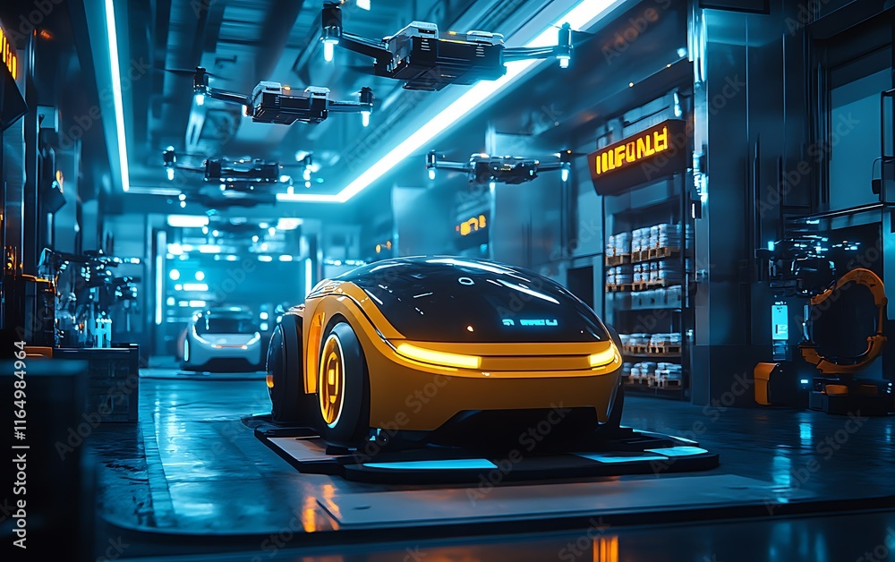 Futuristic yellow car in a high-tech garage with drones.