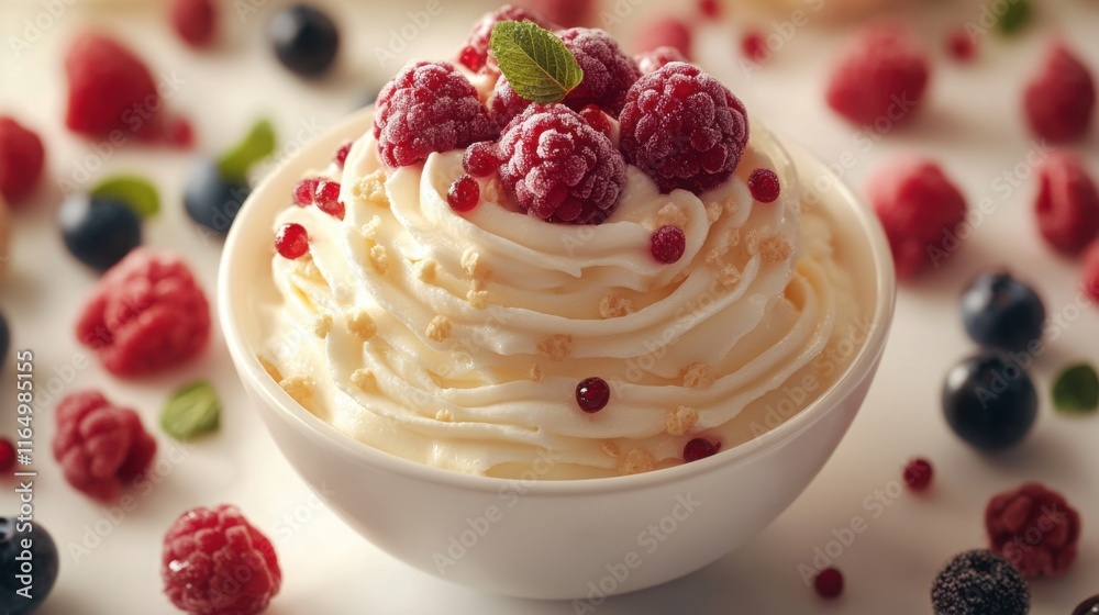 Creamy vanilla yogurt topped with fresh fruit Creamy vanilla yogurt topped with fresh fruit