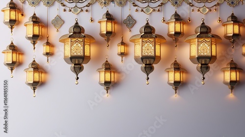 Festive and serene Ramadan decoration banner template featuring intricately designed, beautifully lit 3D lanterns in warm golden hues