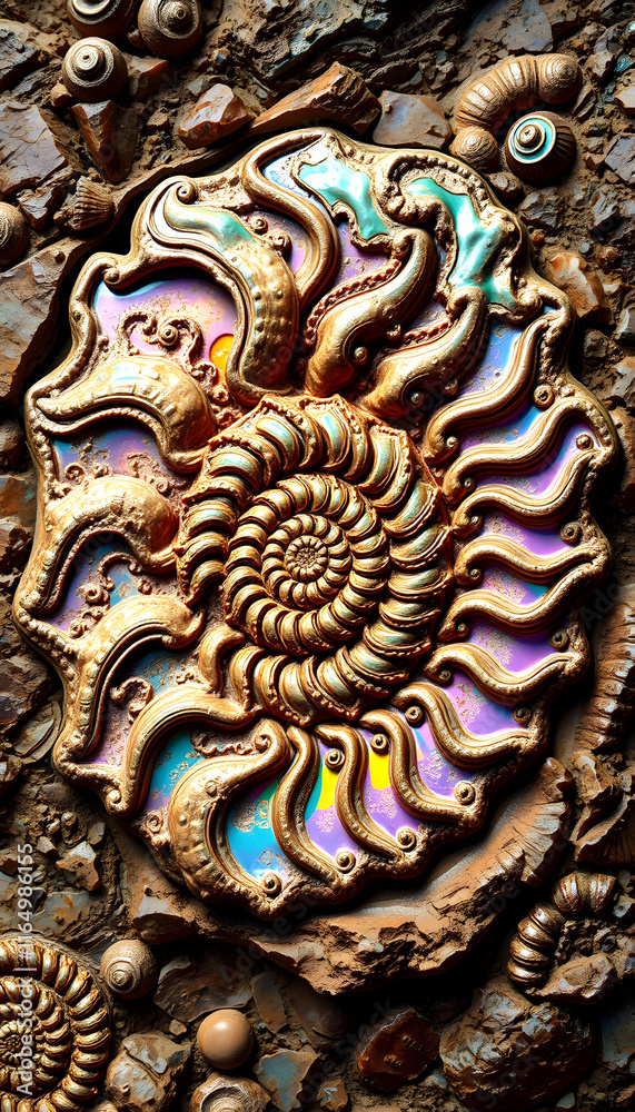 Fototapeta premium Ammonite Fossil Art: Colorful Wall Decoration. A decorative ammonite fossil with vibrant colors embedded in a textured stone and shell mosaic