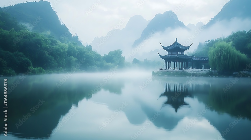 Fototapeta premium Serene Pavilion on Misty Lake in Mountains