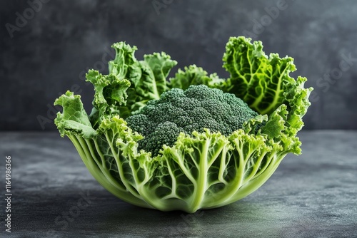 Fresh broccoli head nestled in vibrant green kale leaves on a dark grey surface. photo