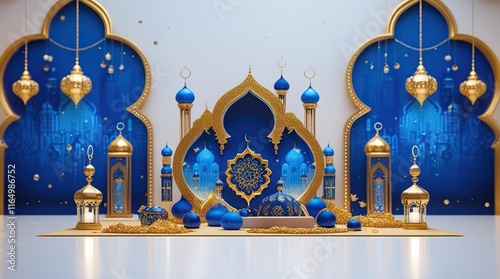 Elegant blue and gold embellished 3D decoration illustration on luxury ramadan banner template design with subtle noise texture