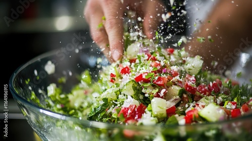 Fresh Salad Preparation with Ingredients Being Tossed in Bowl