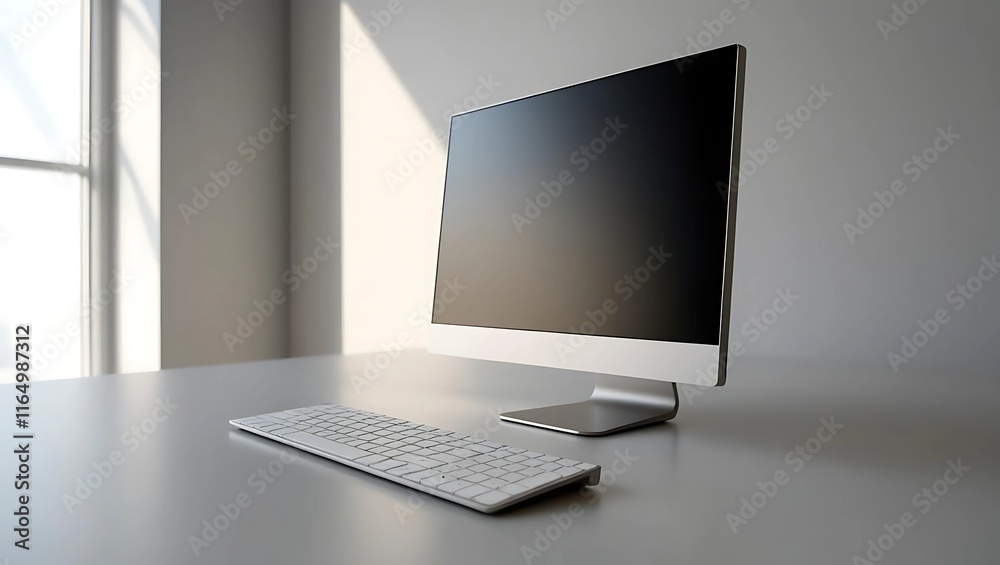 Minimalist Desktop Setup with Modern Computer Monitor and Keyboard in Bright Office, Ideal for Technology, Business, Remote Work, Productivity Concepts, and Workspace Design Minimalist Desktop Setup with Modern Computer Monitor and Keyboard in Bright Office, Ideal for Technology, Business, Remote Work, Productivity Concepts, and Workspace Design