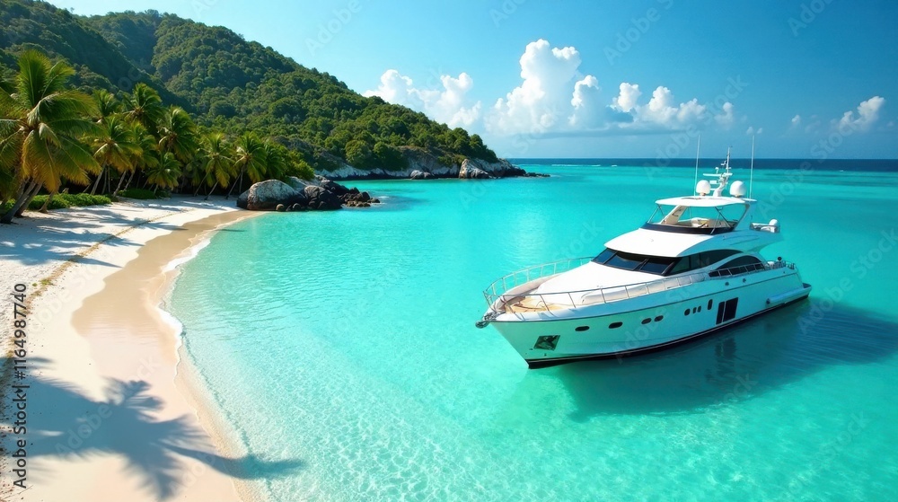 Luxury Yacht Anchored in a Secluded Tropical Cove with Pristine White Sand Beach Luxury Yacht Anchored in a Secluded Tropical Cove with Pristine White Sand Beach