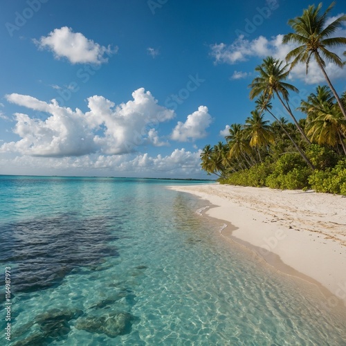 Sunny tropical Caribbean beach with palm trees and turquoise water, caribbean island vacation, hot summer day.

