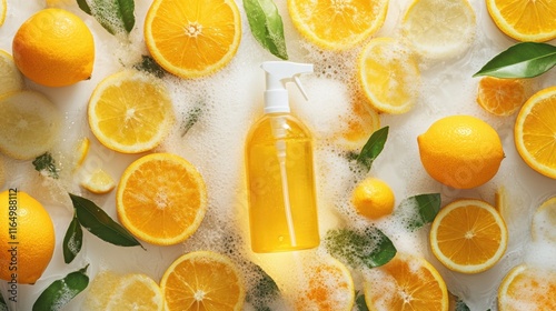 Eco-friendly citrus cleaner surrounded by fresh oranges and lemons, ideal for natural home cleaning solutions and refreshing scents. photo