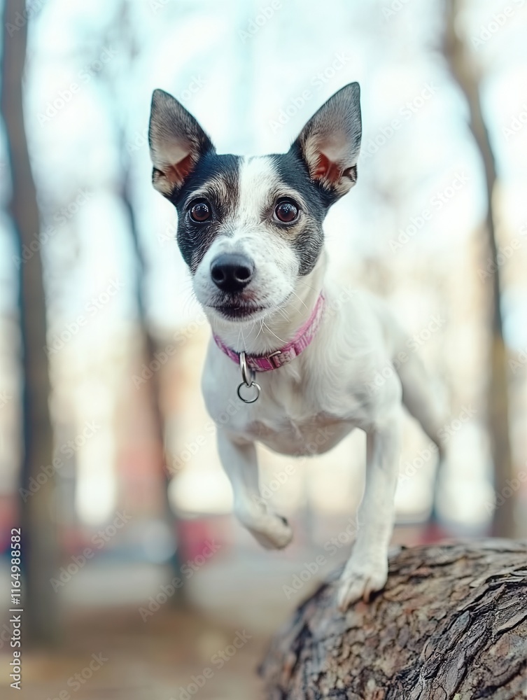 A joyful Jack Russell Terrier mid-air during a playful leap, enjoying a sunny day outdoors in a vibrant urban park.