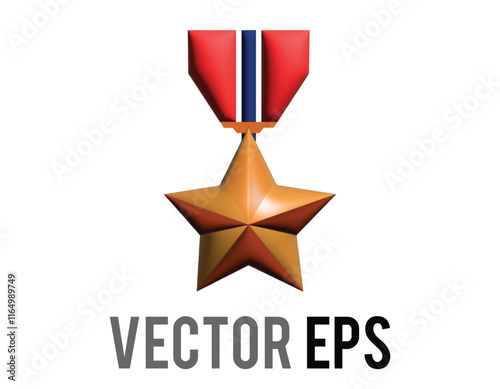 3D classic bronze military medal star icon with red, blue ribbon