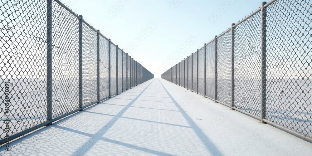 Fototapeta premium A long pathway enclosed by chain link fences extends to a bright horizon.