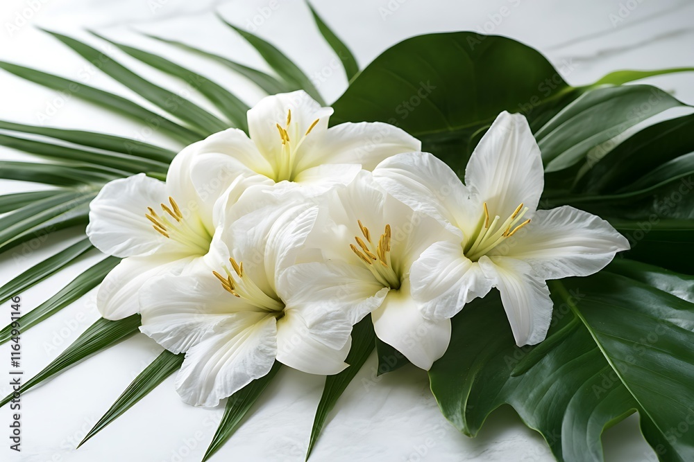 Fototapeta premium Elegant arrangement of three white lilies and lush green tropical leaves on a marble surface.