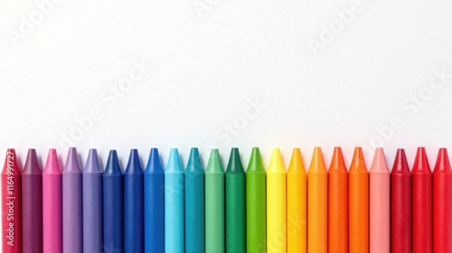 Vibrant spectrum of colorful wax crayons arranged in a neat row against a white background