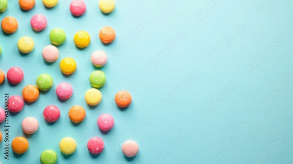 Obraz premium Delightful pastel candies scattered on a light blue background, perfect for festive designs and cheerful celebrations